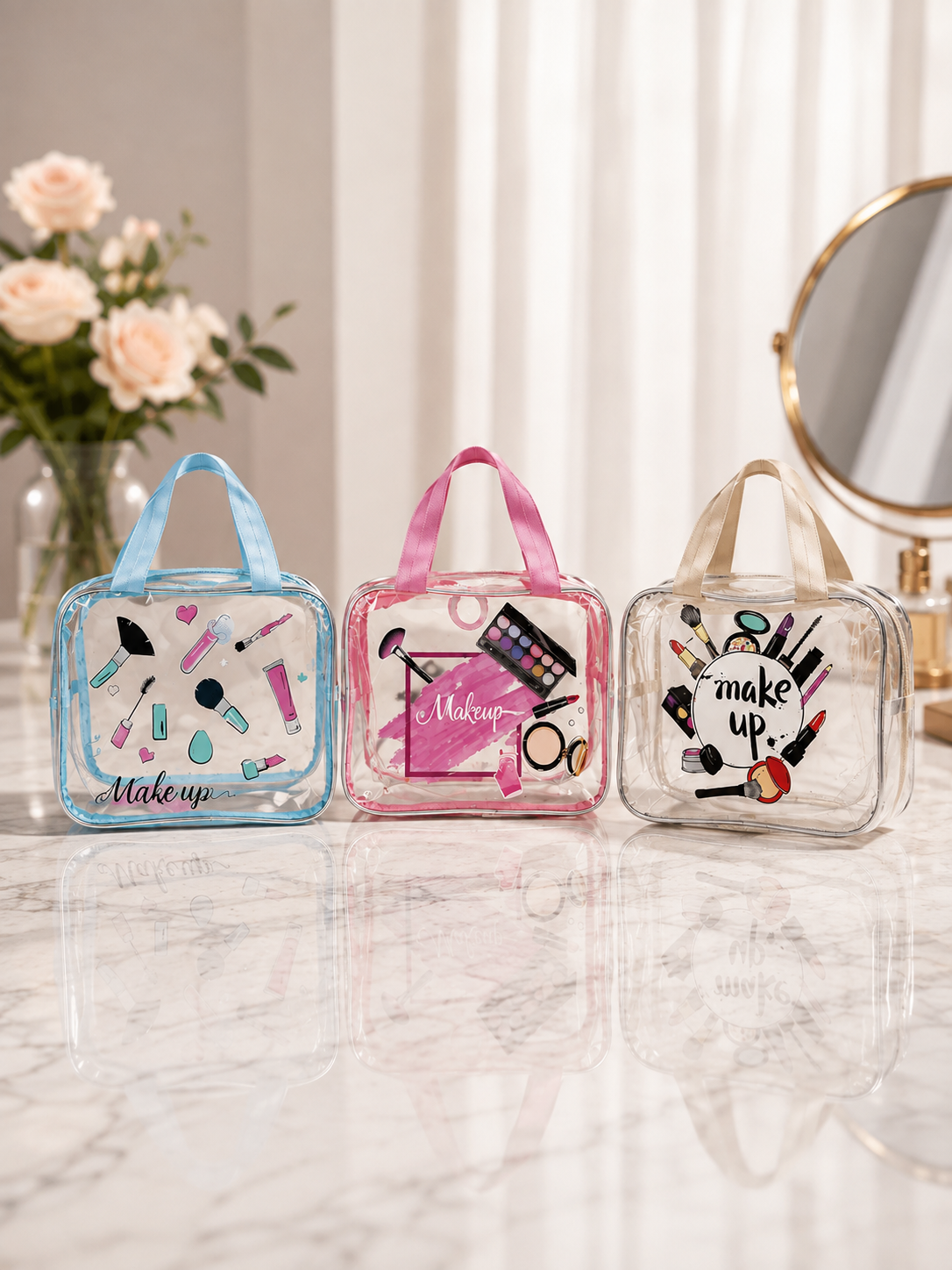Transparent PVC cosmetic bags with top handles—blue, pink, beige—heart and tool prints